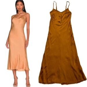 Nation LTD Sophia Bias Cut Mustard Brown Satin Midi Slip Dress XS